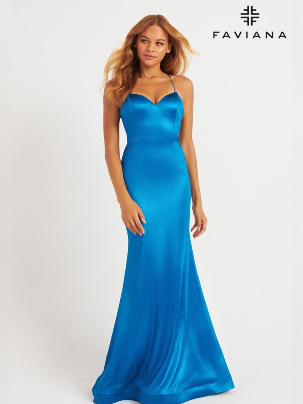 Faviana Sparkle Blue Mermaid Lace-Up Ruching Stretch Dress Wedding Homecoming